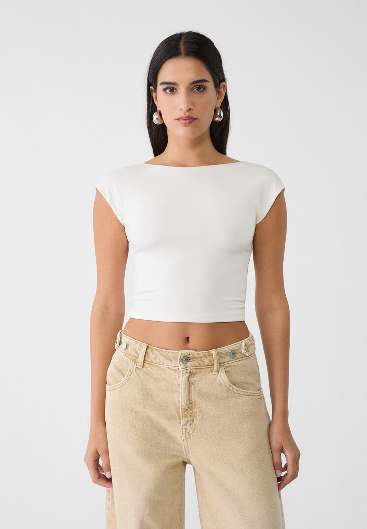 Stradivarius Tricou Cu Spatele Gol Ecru Xs