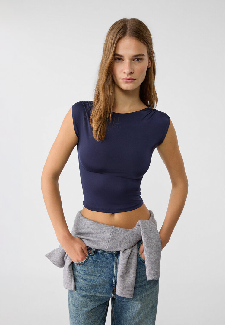 Stradivarius Tricou Cu Spatele Gol Albastru Închis M
