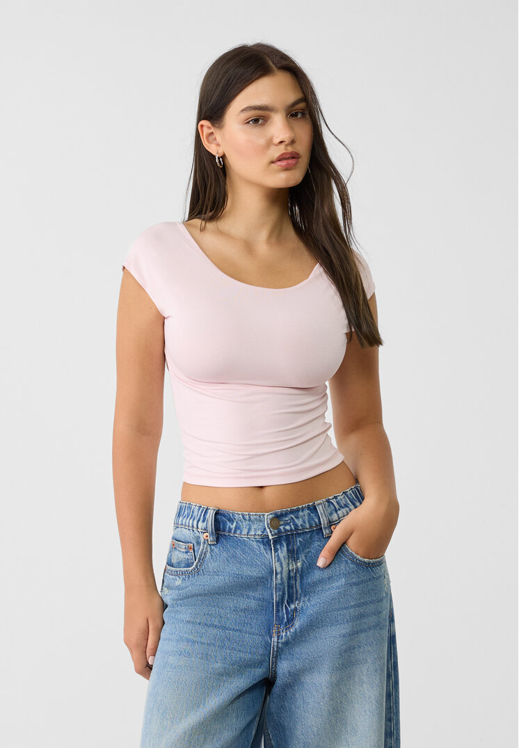 Stradivarius Tricou Cu Spatele Gol Roz Pastel L