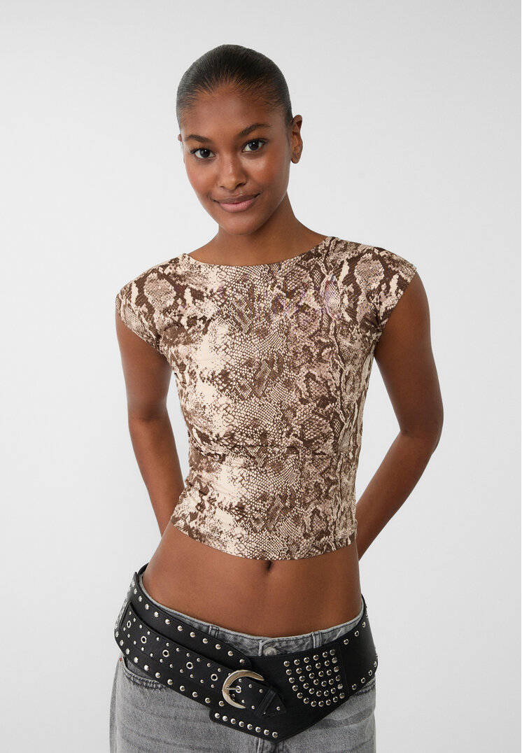 Stradivarius Tricou Cu Spatele Gol Și Animal Print Piatră S