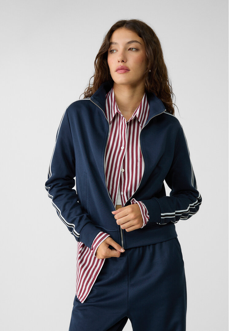 Stradivarius Bluză Sport Cu Fermoar Și Dungă Laterală Bleumarin L