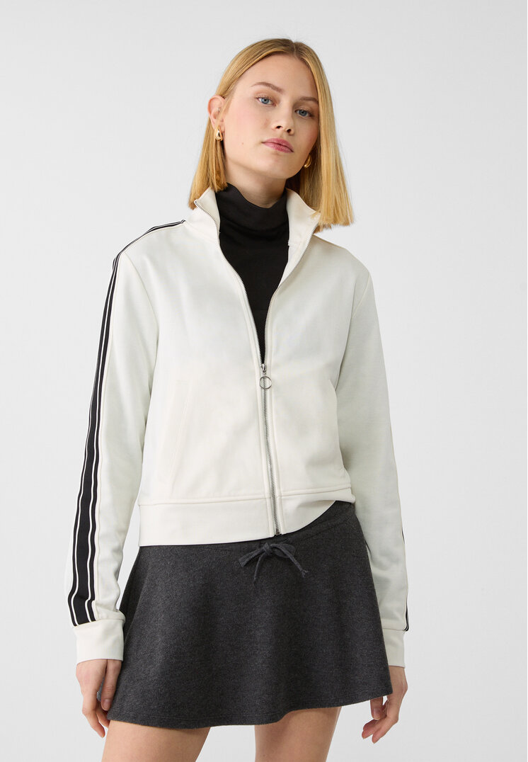 Stradivarius Bluză Sport Cu Fermoar Și Dungă Laterală Ecru M
