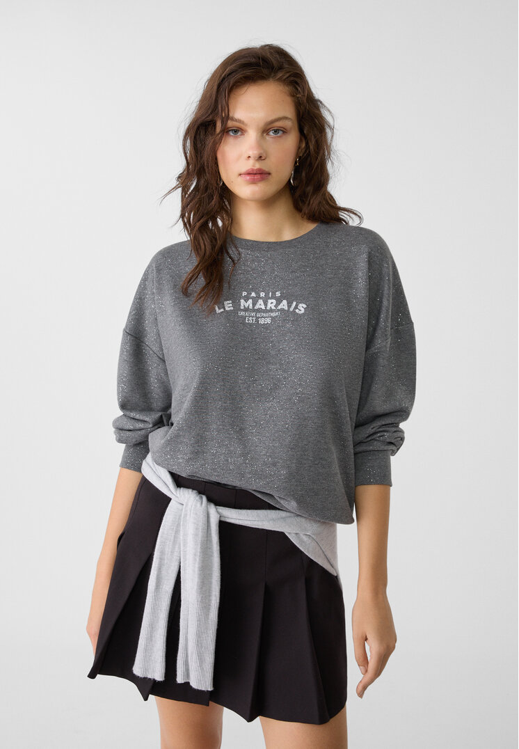 Stradivarius Hanorac Oversize Cu Imprimeu Și Detalii Strălucitoare Gris Amestec L