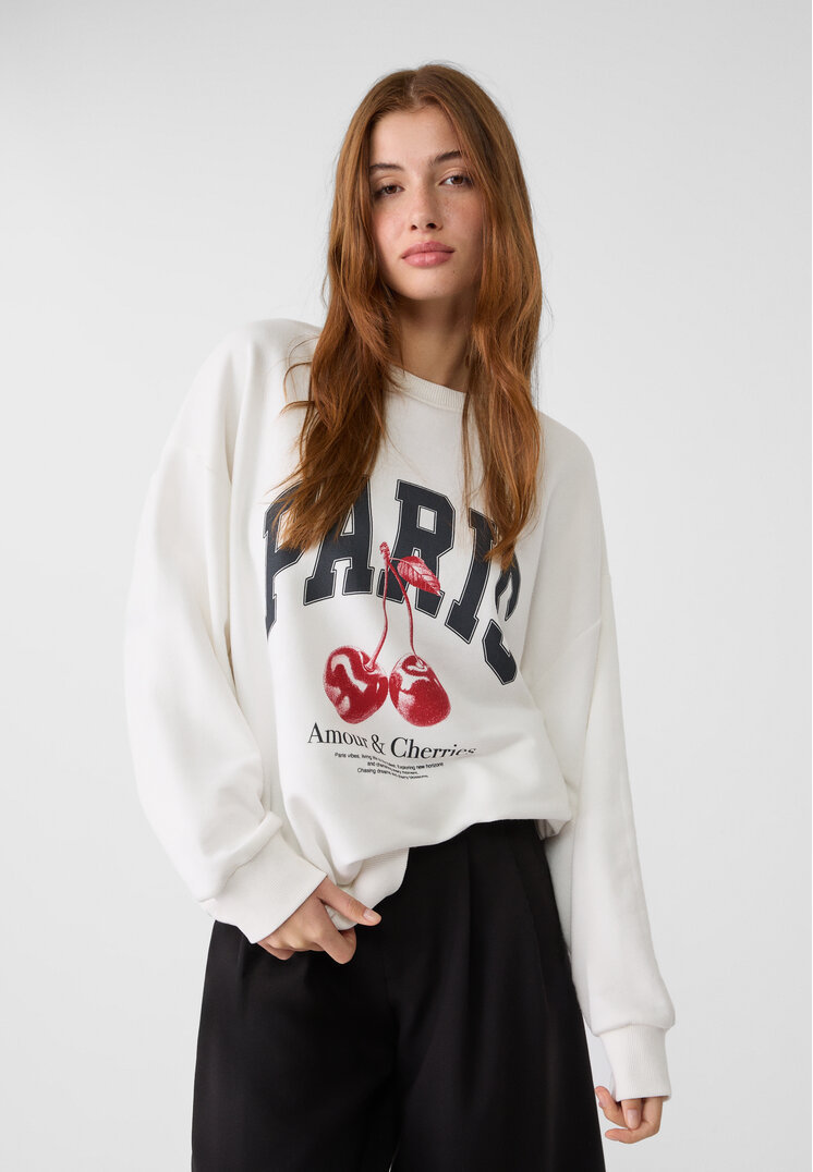 Stradivarius Hanorac Oversize Cu Imprimeu Ecru L