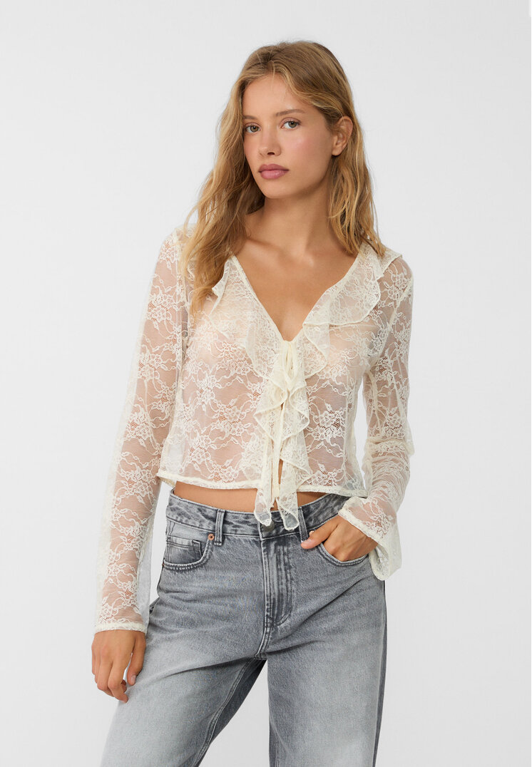 Stradivarius Bluză Dantelă Volane Ecru M