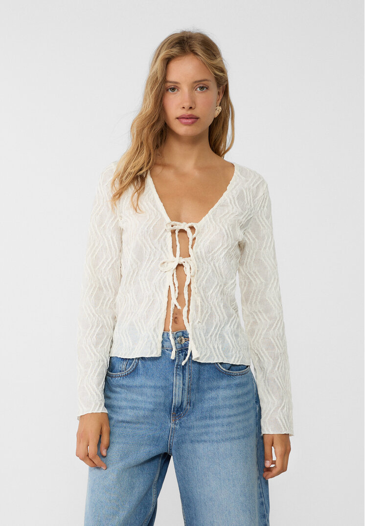 Stradivarius Tricou Deschis Cu Textură Și Funde Ecru M