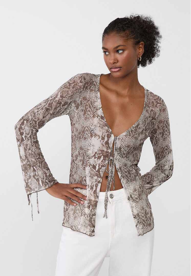 Stradivarius Bluză Animal Print Tul Bej S
