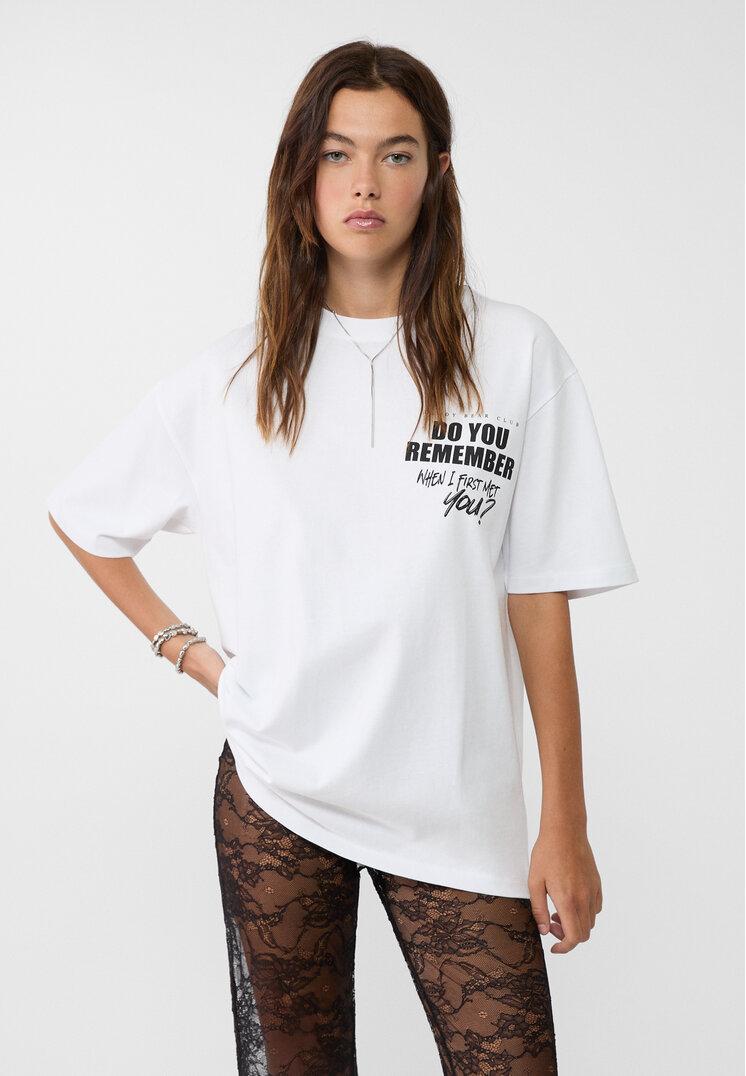 Stradivarius Tricou Oversize Cu Imprimeu Alb Xs
