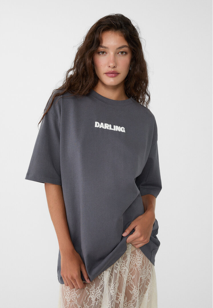 Stradivarius Tricou Oversize Cu Imprimeu Gri Închis M