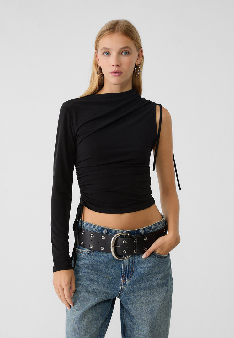 Stradivarius Tricou Asimetric Cu Fronseuri Negru S