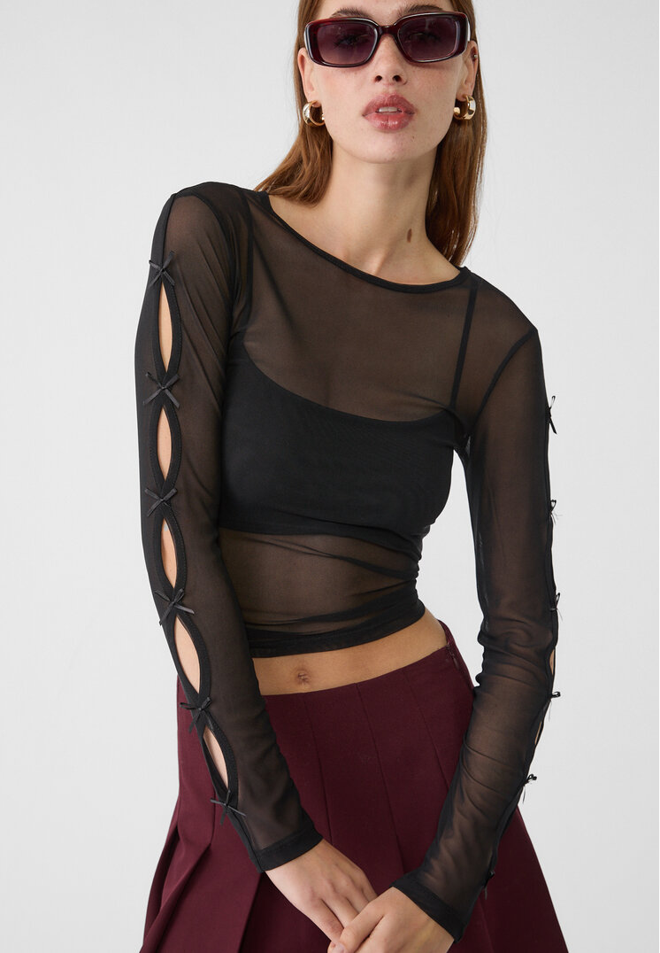 Stradivarius Tricou Din Tul Cu Funde Negru Xs