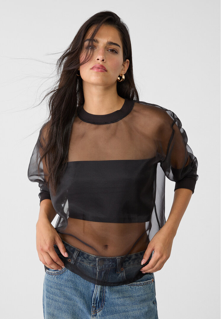 Stradivarius Hanorac Din Organza Negru S