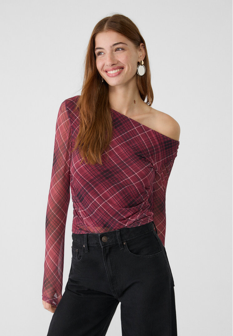 Stradivarius Tricou Asimetric În Carouri Grena S