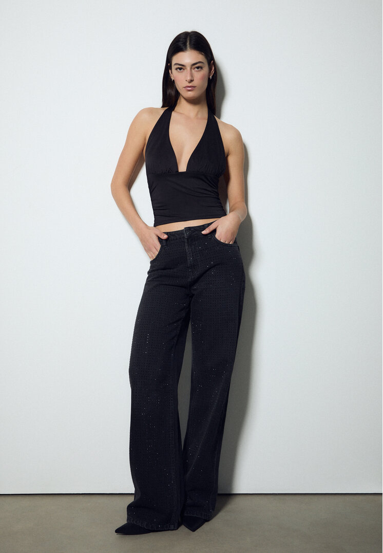 Stradivarius Top Halter Cu Decolteu În V Negru Xl