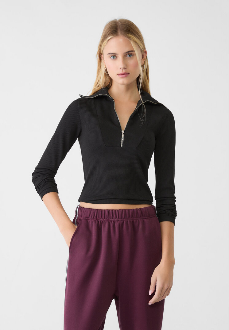 Stradivarius Tricou Din Tricot Reiat Cu Fermoar Negru S