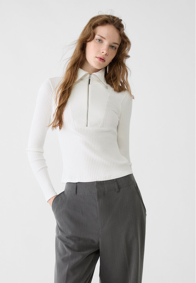 Stradivarius Tricou Din Tricot Reiat Cu Fermoar Ecru S