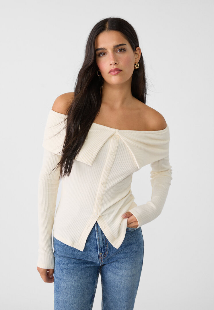 Stradivarius Tricou Cu Nasturi Și Umerii Goi Vanilie Xs