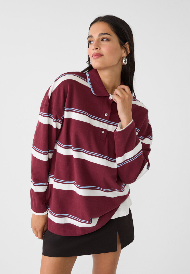 Stradivarius Tricou Polo Oversize Cu Dungi Grena L