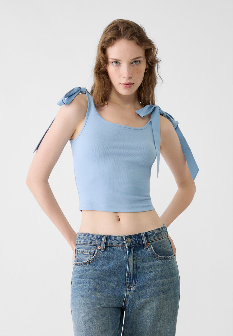 Stradivarius Tricou Cu Funde Combinate Azuriu L