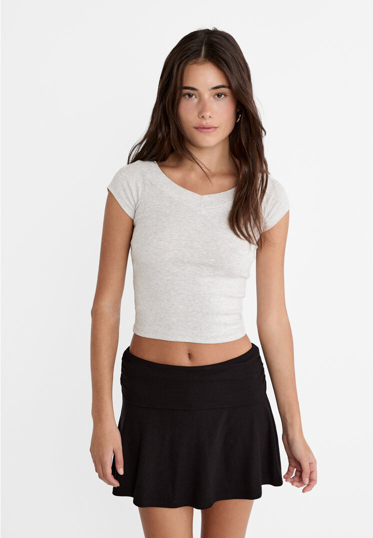 Stradivarius Tricou Decolteu În V Gris Amestec Xl