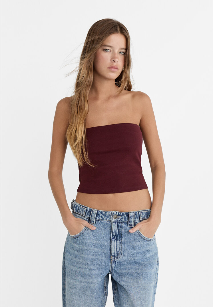 

Stradivarius Top basic z dekoltem bandeau Wiśniowy L