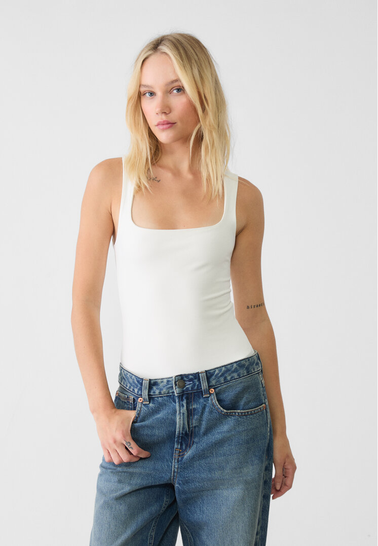 Stradivarius Body Cu Decolteu Pătrat Ecru S