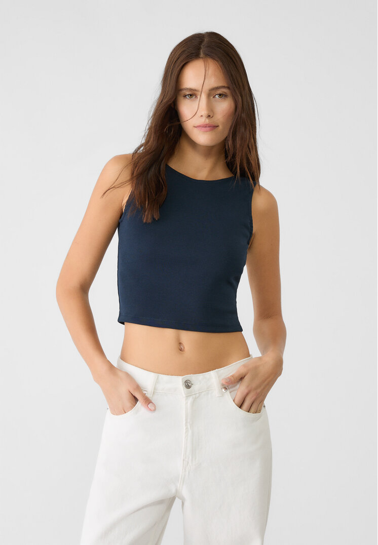 Stradivarius Tricou Cu Spatele Gol Și Fundă Bleumarin M