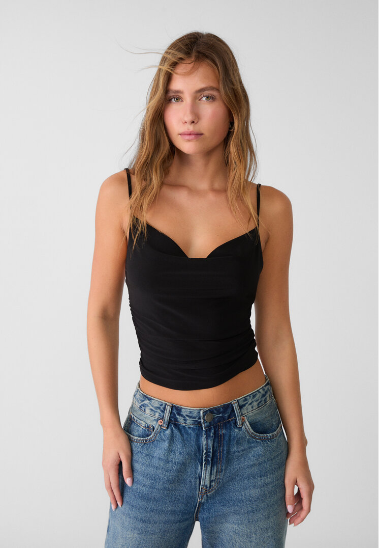 Stradivarius Top Scurt Cu Imprimeu Negru S