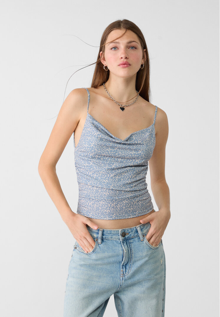 Stradivarius Top kurz Print Himmelblau XS