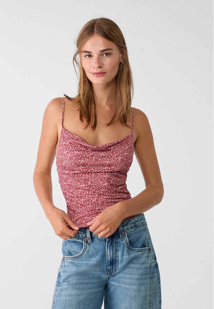 Stradivarius Top Scurt Cu Imprimeu Grena S