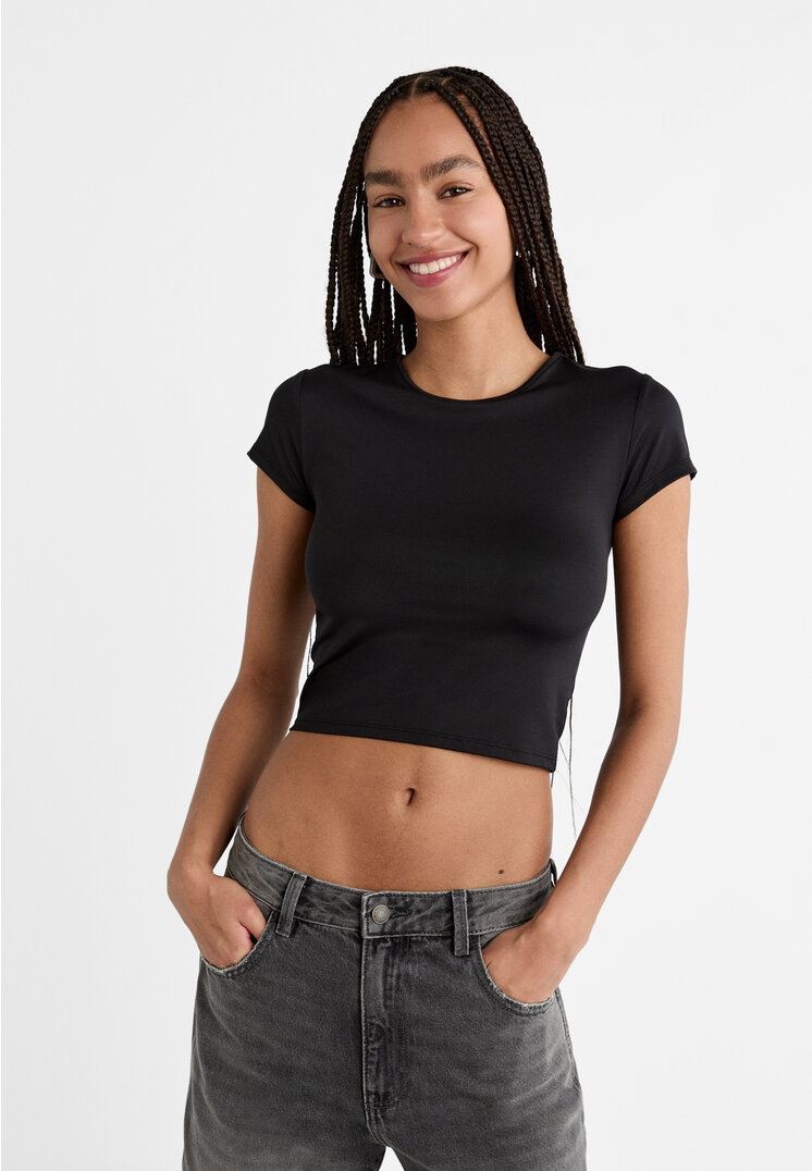 Stradivarius Tricou Simplu Din Poliamidă Negru Xs