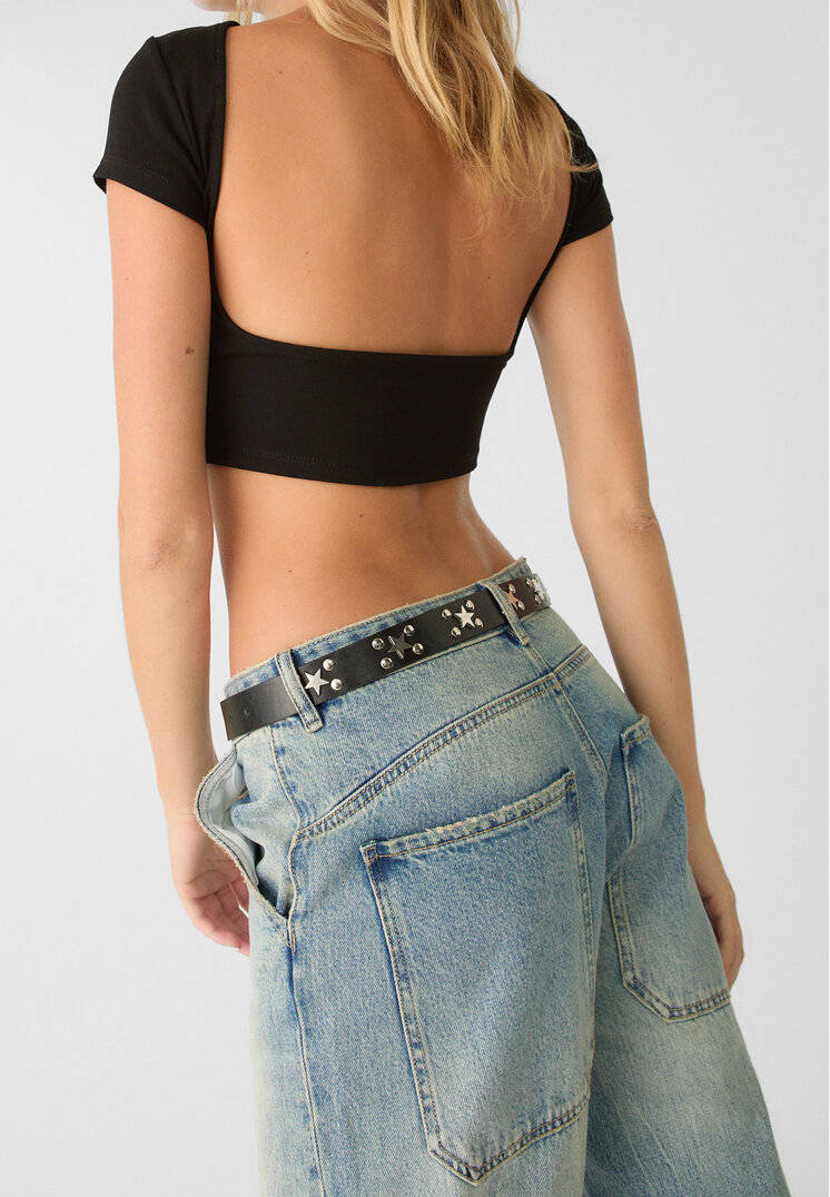 Stradivarius Tricou Cu Decolteu La Spate Negru S