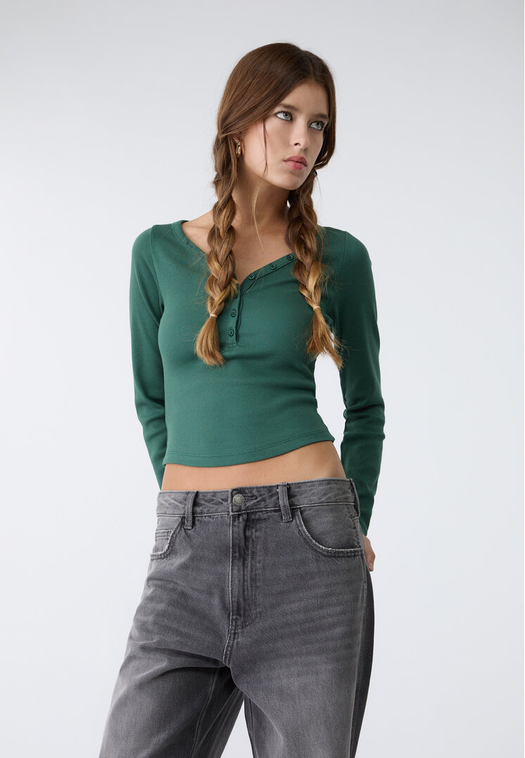 Stradivarius Tricou Cu Nasturi Verde Închis Xl