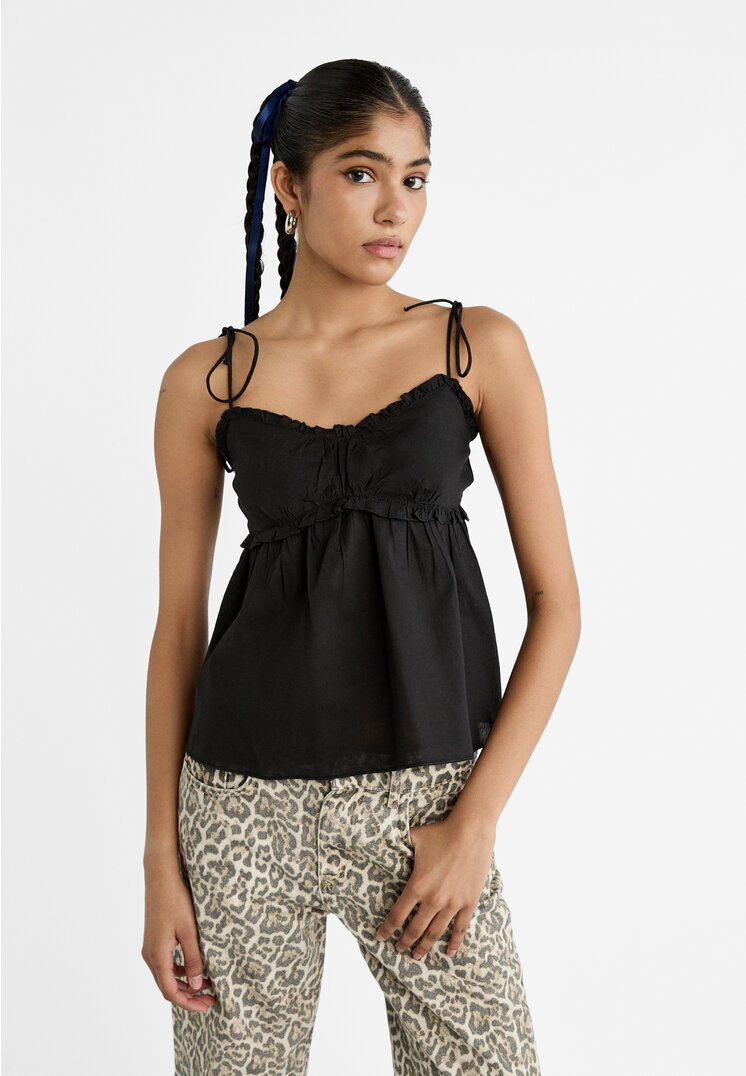 Stradivarius Top Cu Bretele Și Fundă Negru Xs