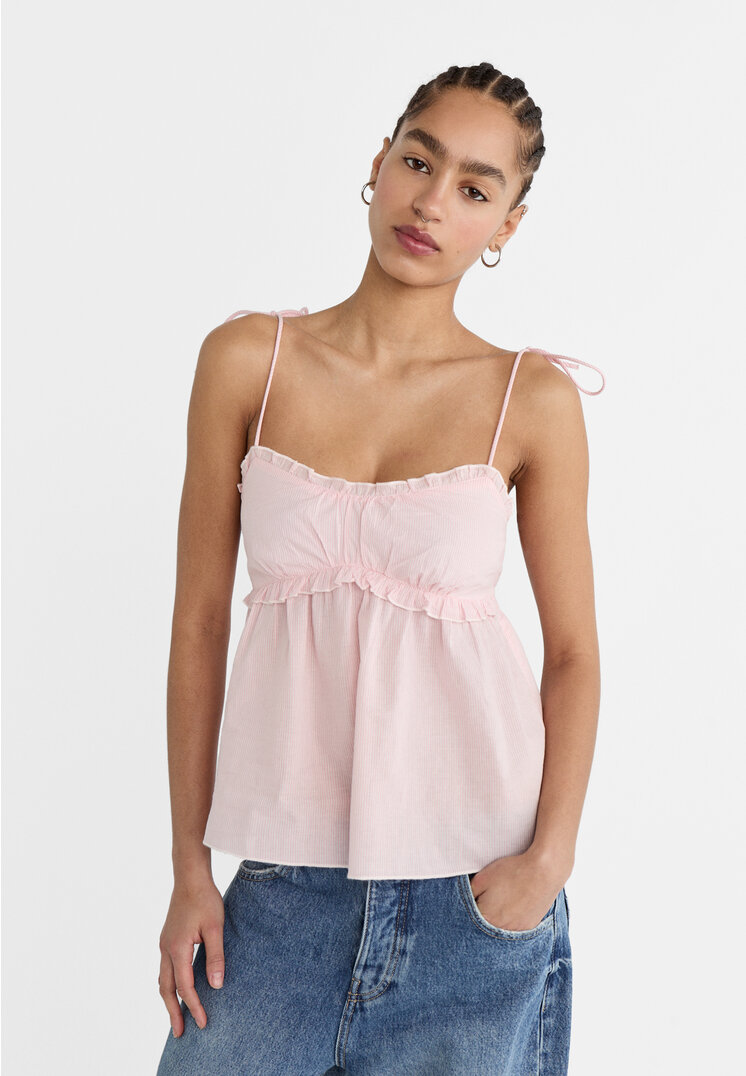 Stradivarius Top Cu Bretele Și Fundă Roz Deschis Xs