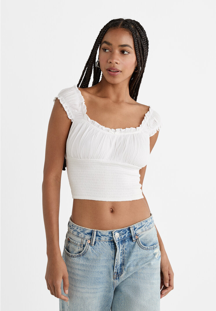 Stradivarius Top Scurt Creponat Cu Umeri Goi Alb L