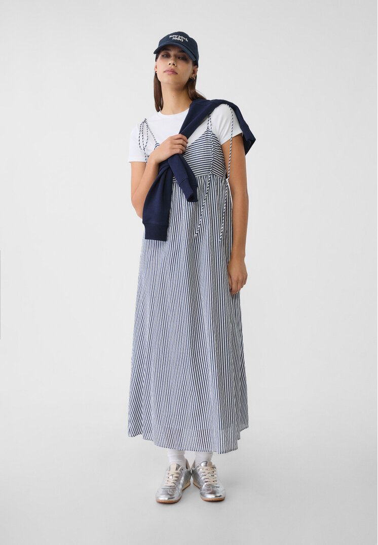 Stradivarius Rochie Lungă Cu Dungi Și Fundă Bleumarin M