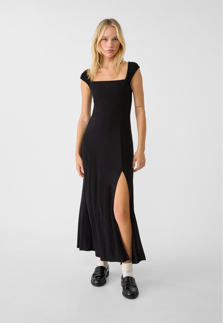 Stradivarius Vestito morbido midi incrociato sulla schiena in misto lino Nero XL