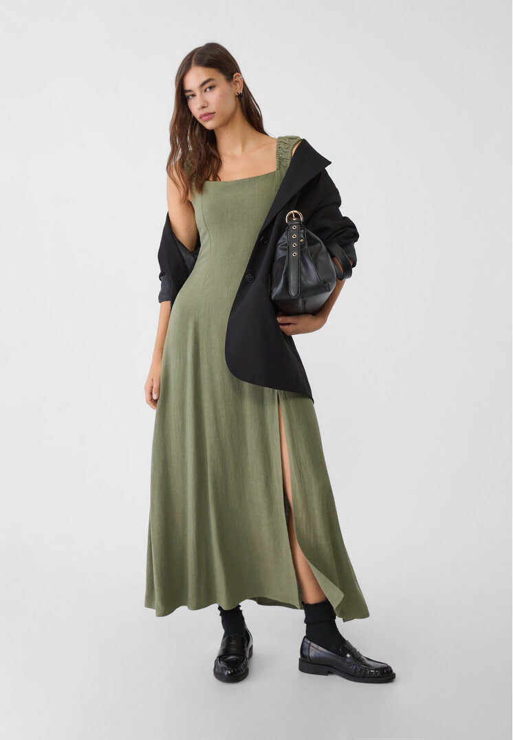 Stradivarius Rochie Midi Vaporoasă Petrecută La Spate Cu In Kaki L