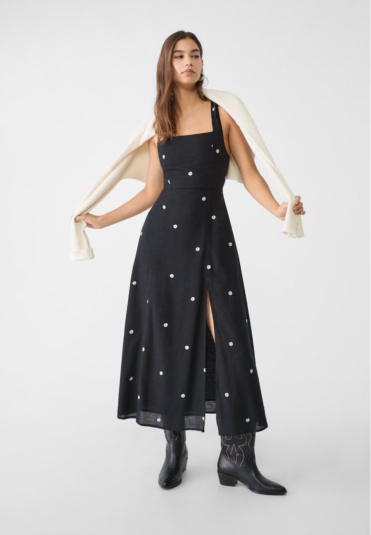 Stradivarius Rochie Midi Cu Broderie, Petrecută La Spate Ecru M