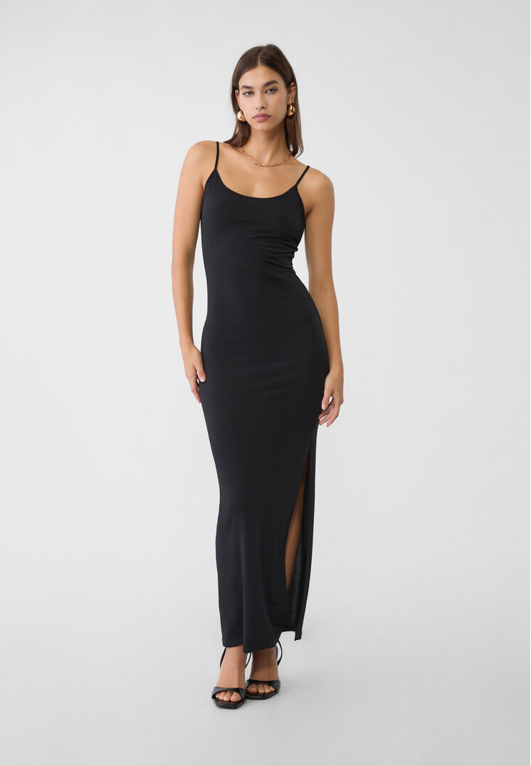 Stradivarius Rochie Lungă Mulată Cu Bretele Negru Xl