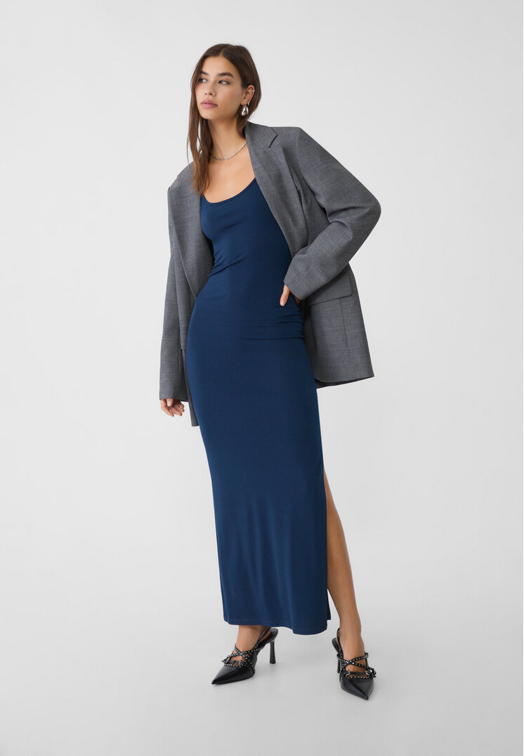 Stradivarius Rochie Lungă Mulată Cu Bretele Bleumarin S