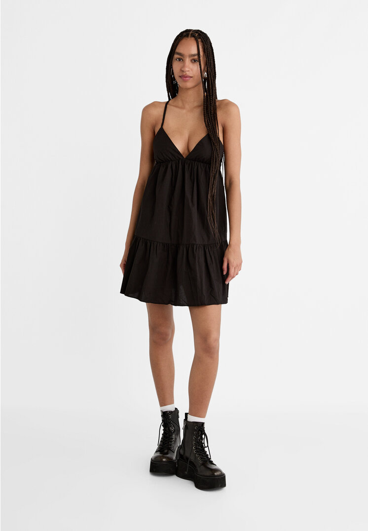 Stradivarius Rochie Scurtă Vaporoasă Din Poplin Negru S