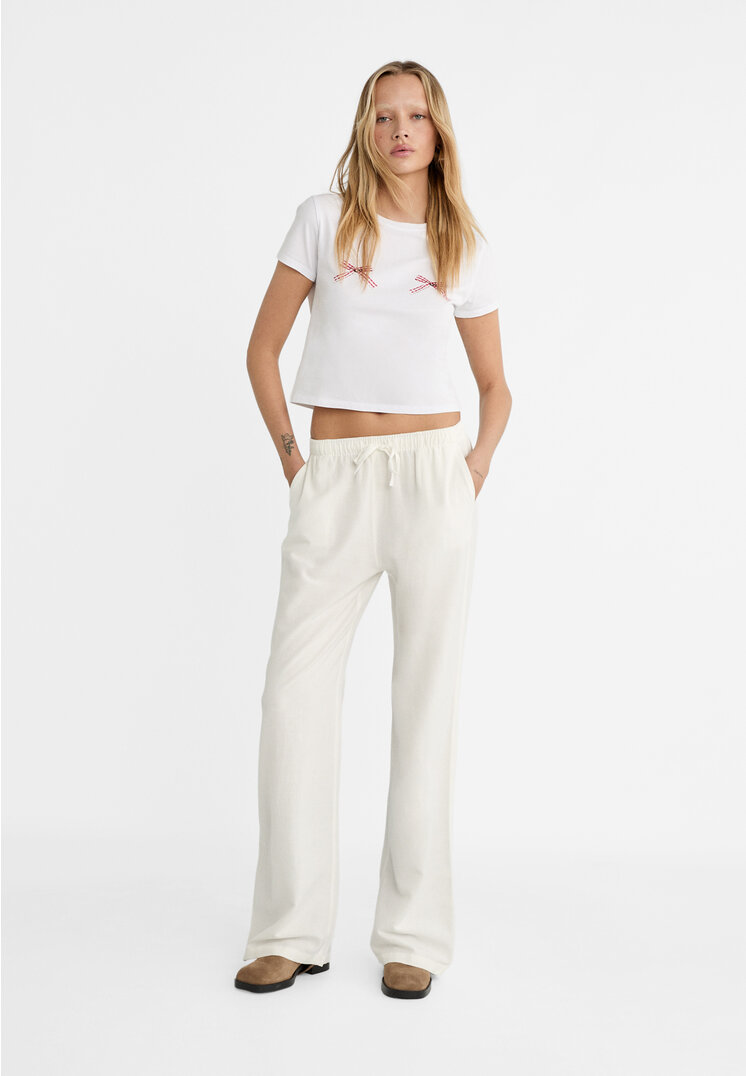Stradivarius Pantaloni Lungi Vaporoși Cu In Alb Xl