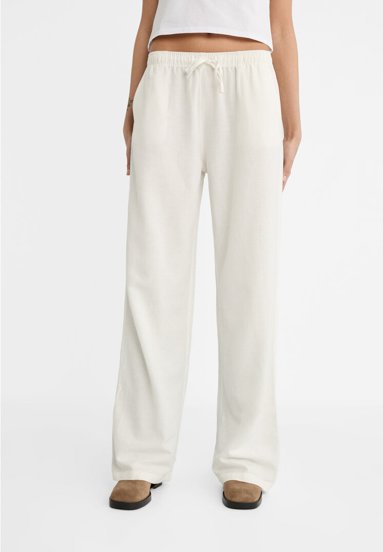 Stradivarius Loose-fitting linen blend trousers  White S
