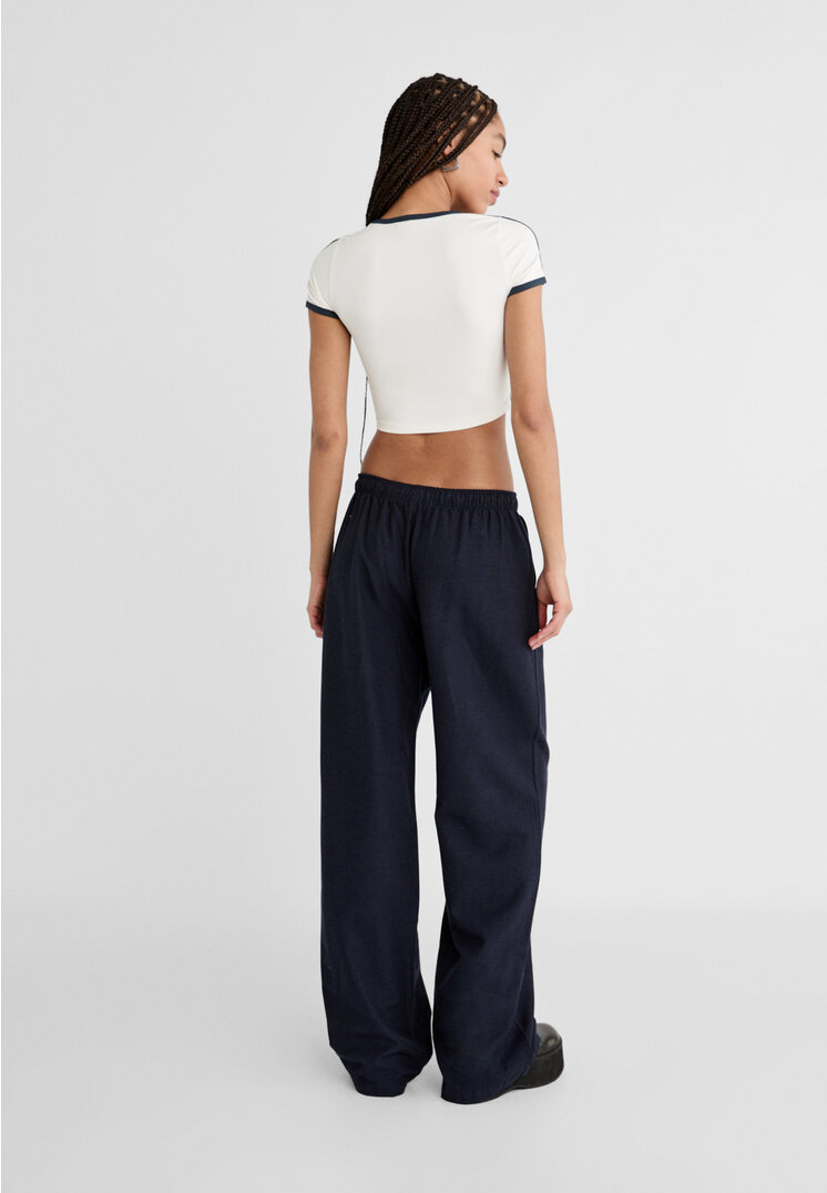 Stradivarius Pantaloni lunghi morbidi misto lino  Azzurro mare XL