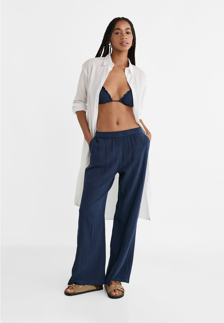 Stradivarius Pantaloni Din Bumbac Cu Betelie Elastică Bleumarin L