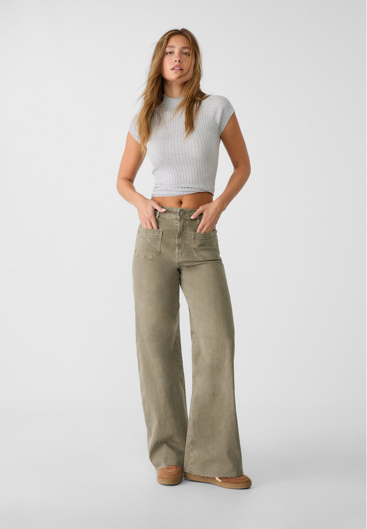 Stradivarius Blugi Straight Fit Cu Buzunare Kaki 42