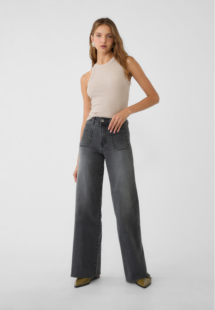 Stradivarius Blugi Straight Fit Cu Buzunare Denim Negru 42
