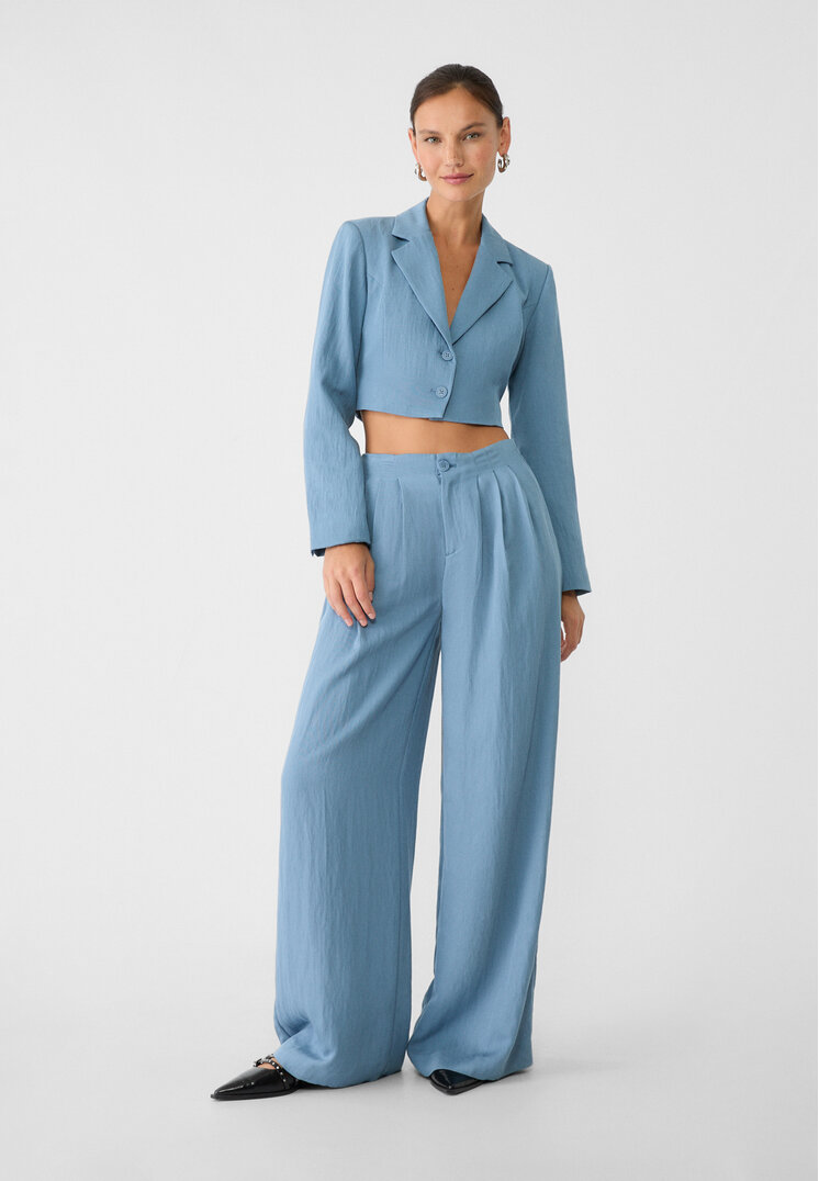 Stradivarius Pantaloni Palazzo Cu Pense Azuriu 40